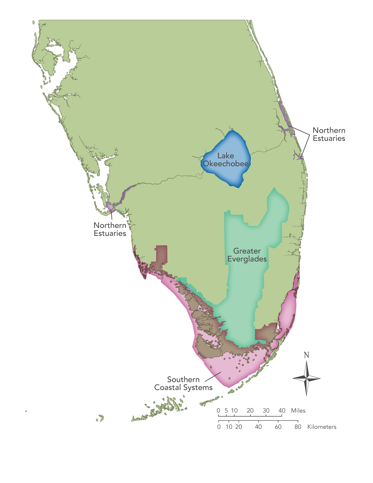 Map of Central and Southern Florida showing the four major regions making up the Everglades system. The regions include Lake Okeechobee, the Northern Estuaries, Greater Everglades, and Southern Coastal Systems.